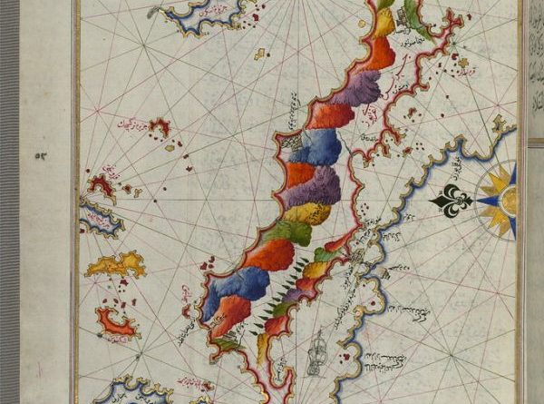 Illuminated Manuscript Map of the islands of Skyros (İskire) and Euboea (Evvoia, Aghrībūz, Eğriboz), from Book on Navigation, Walters Art Museum Ms. W.658, fol.56a