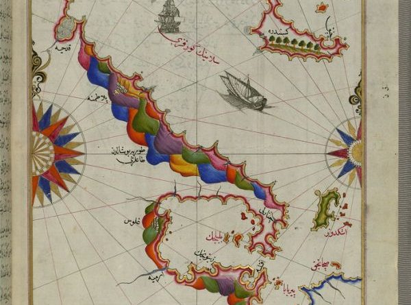Illuminated Manuscript Map of the Bay of Salonica (Selānīk,Thessalonici) and the western coastline, from Book on Navigation, Walters Art Museum Ms. W.658, fol.52b
